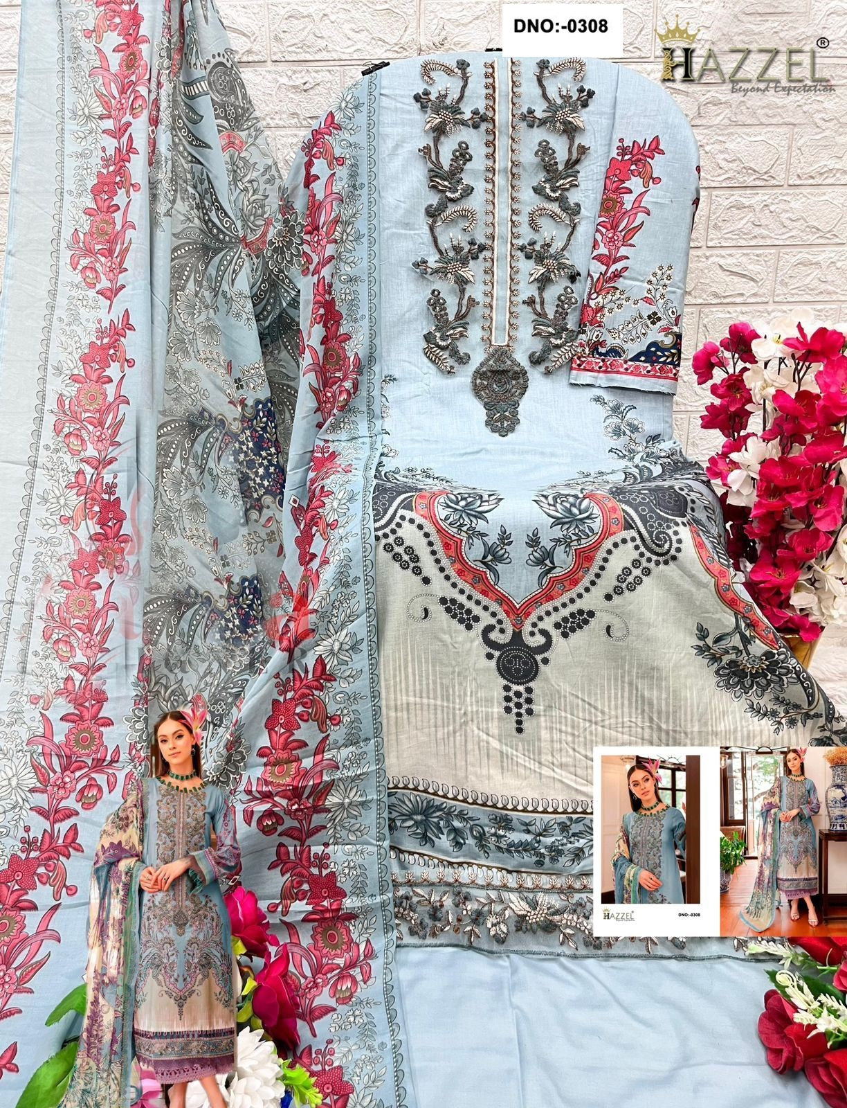 0308 Blue Hazzel Printed Pakistani Patch Suits