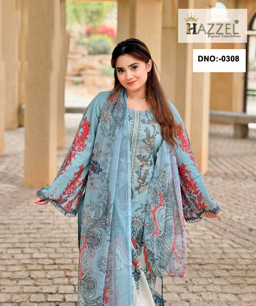 0308 Blue Hazzel Printed Pakistani Patch Suits