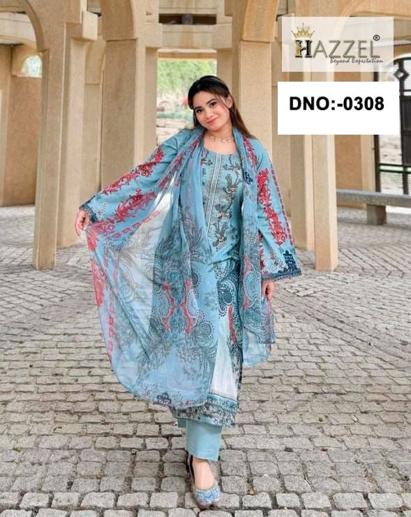 0308 Blue Hazzel Printed Pakistani Patch Suits