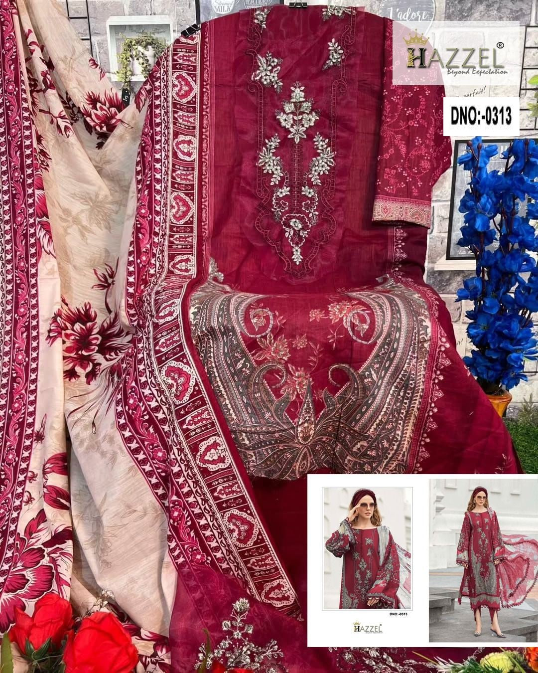 0313 Maroon Hazzel Printed Pakistani Patch Suits