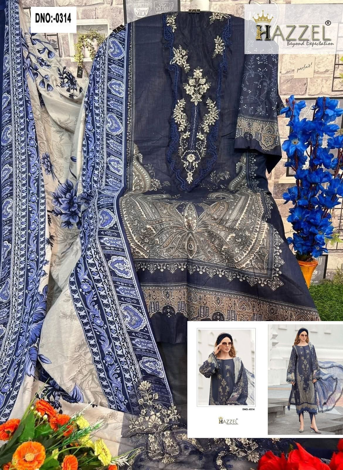 0314 Blue Hazzel Printed Pakistani Patch Suits