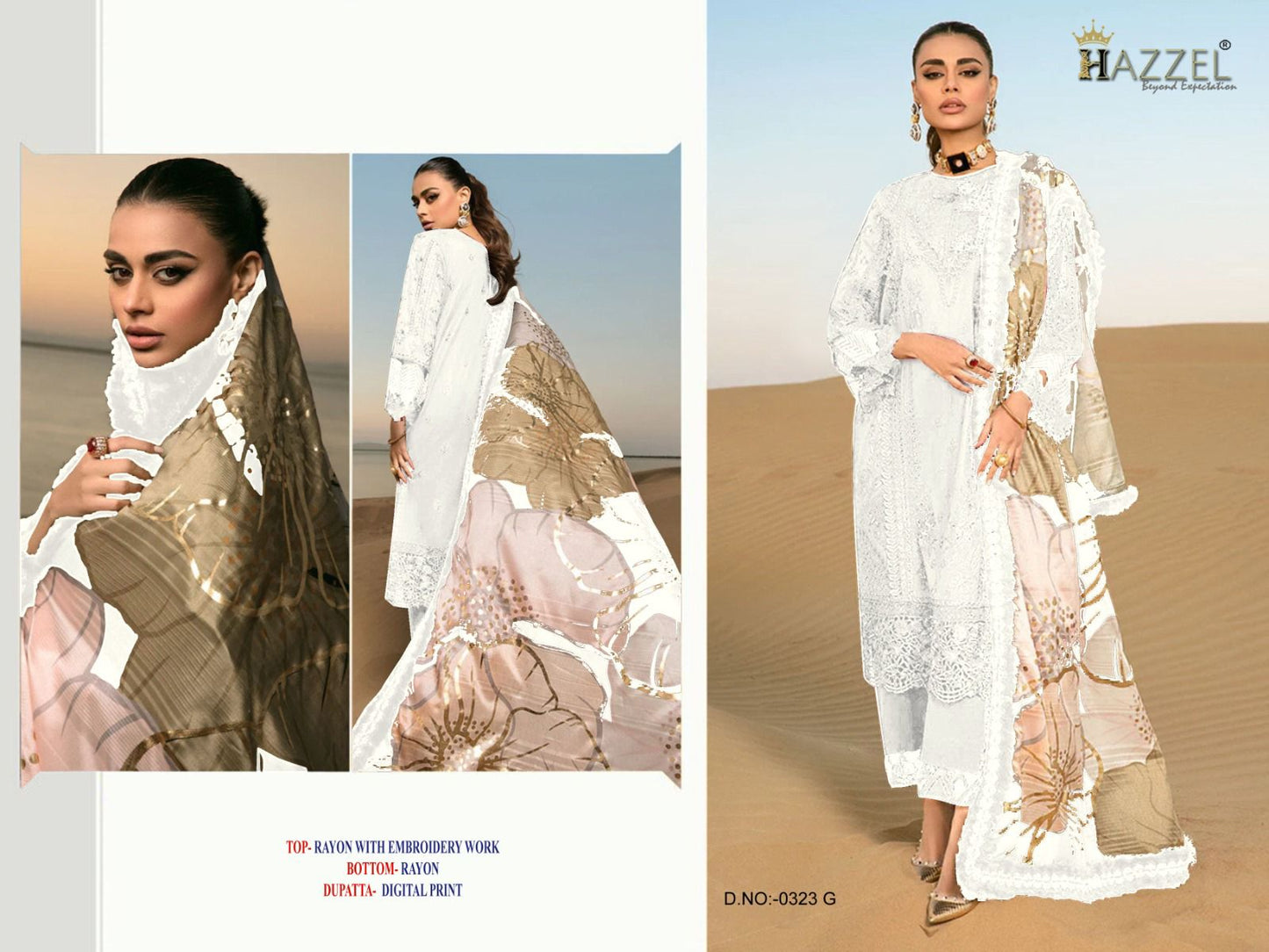 0323 G White Hazzel Embroidery Pakistani Salwar Suits