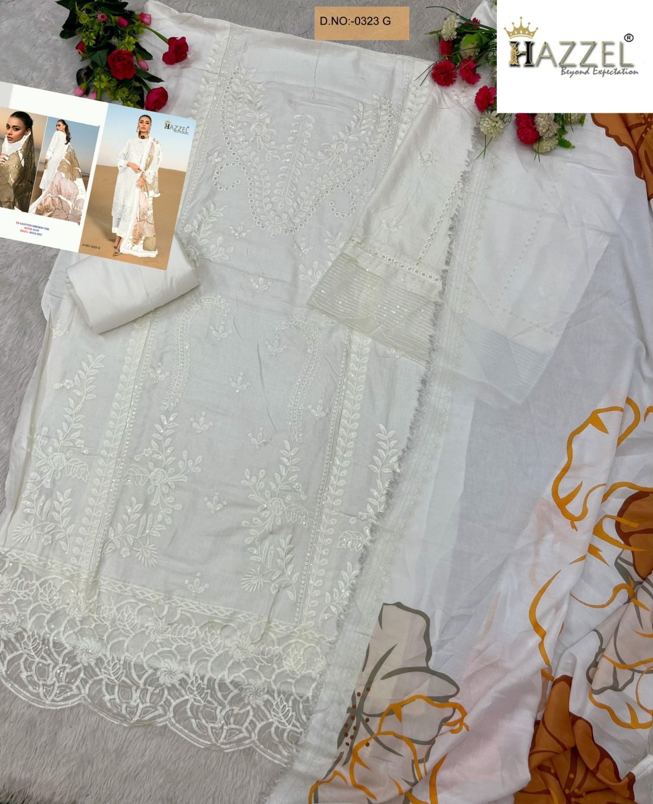 0323 G White Hazzel Embroidery Pakistani Salwar Suits