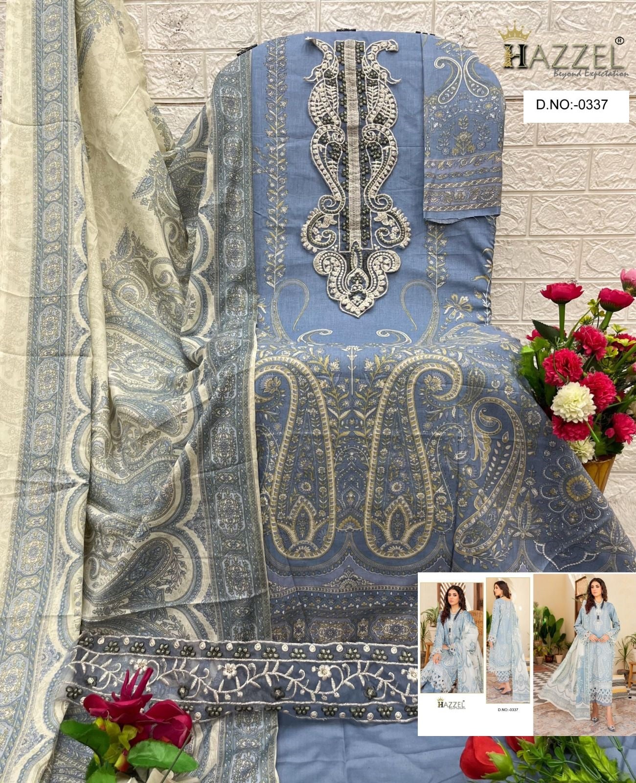0337 Sky Hazzel Printed Pakistani Patch Suits