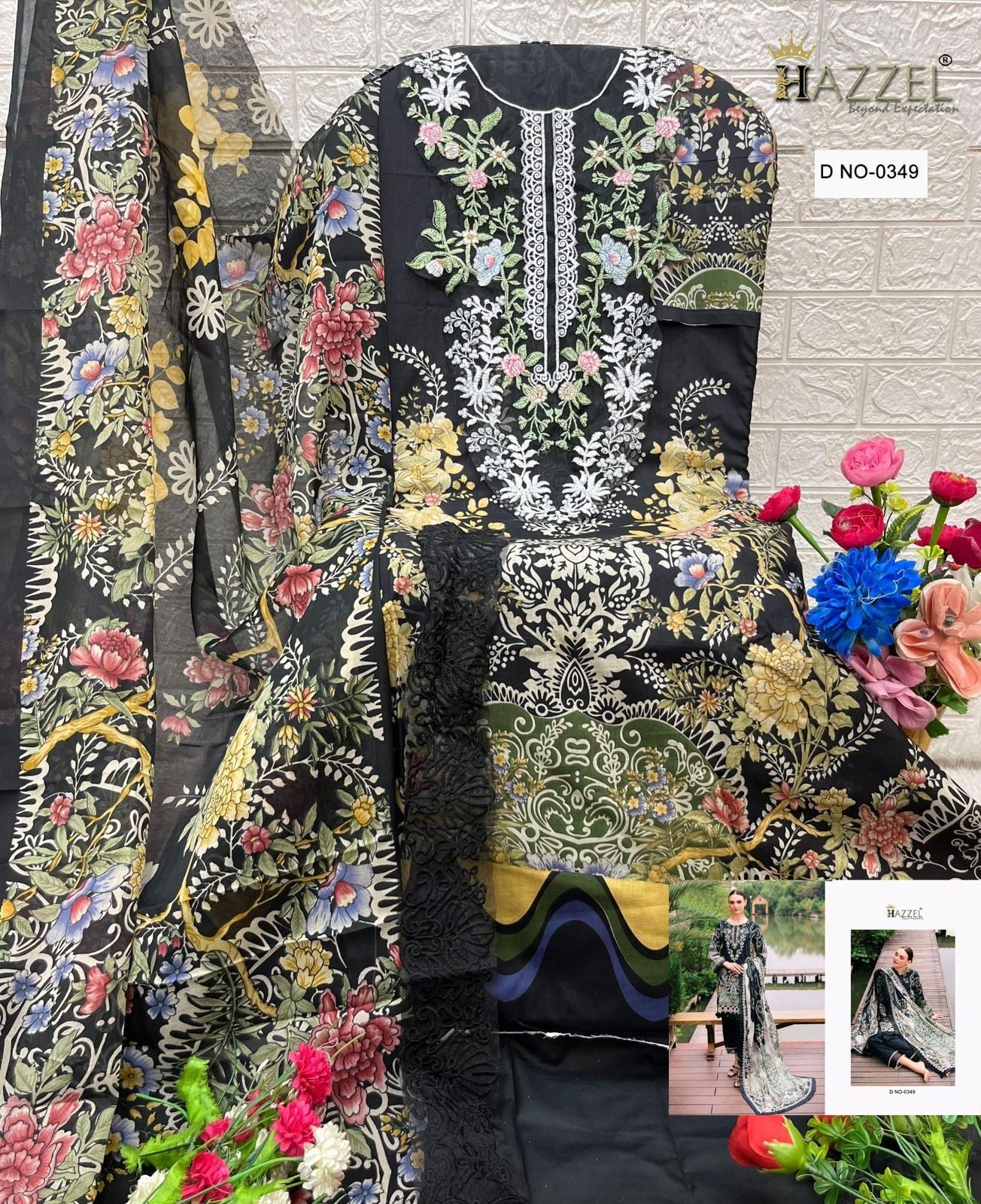 0349 Black Hazzel Printed Pakistani Patch Suits