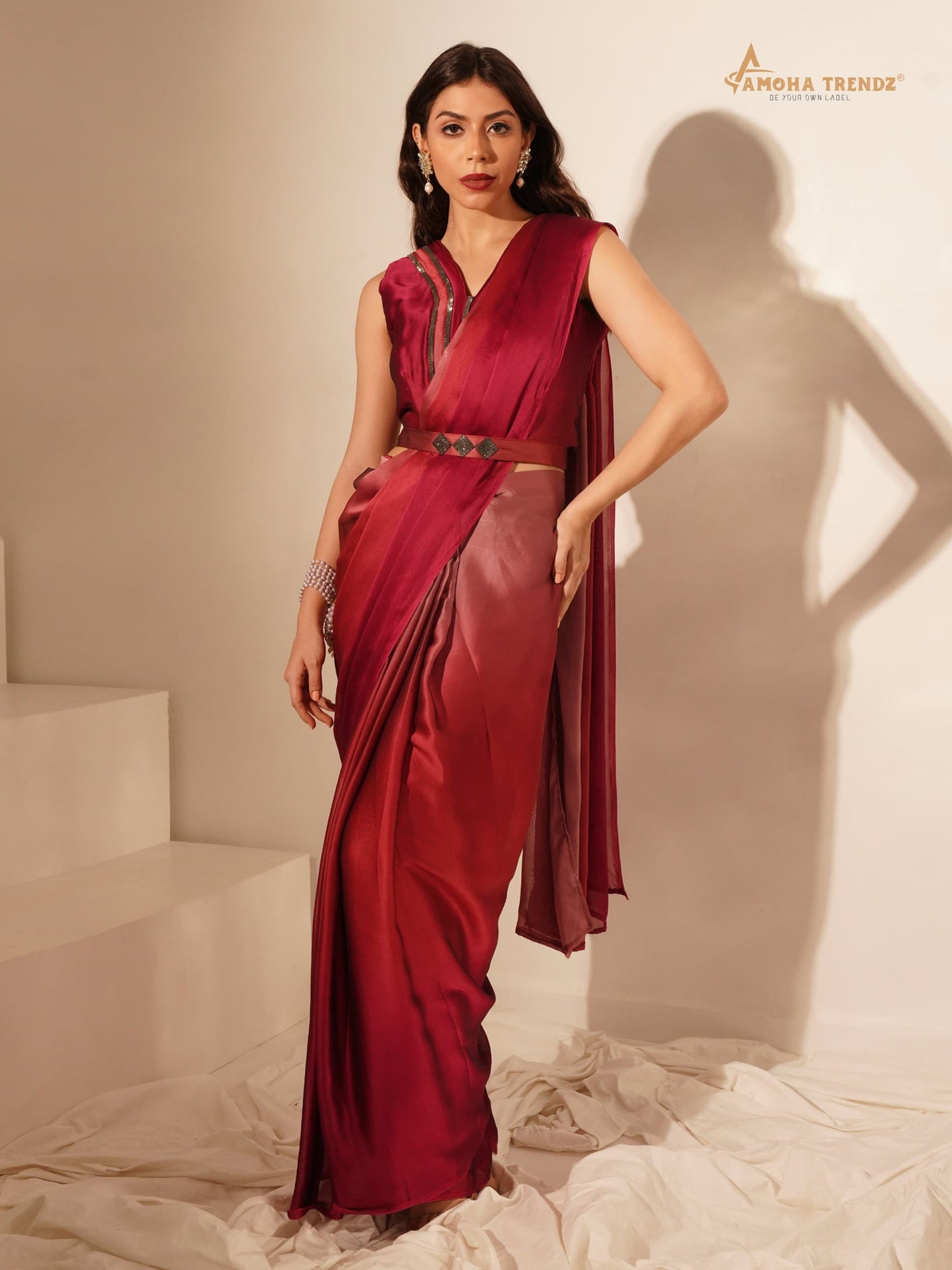 101139 Dark Red Amoha Imported Ready To Wear Saree