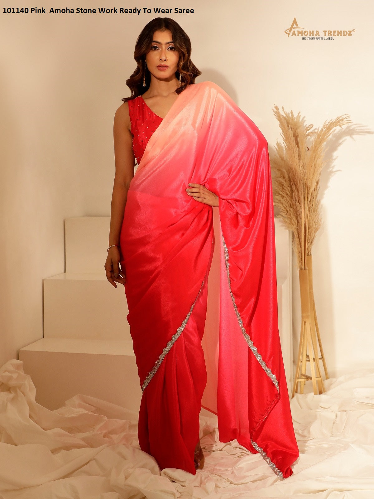 101140 Pink Amoha Stone Work Ready To Wear Saree