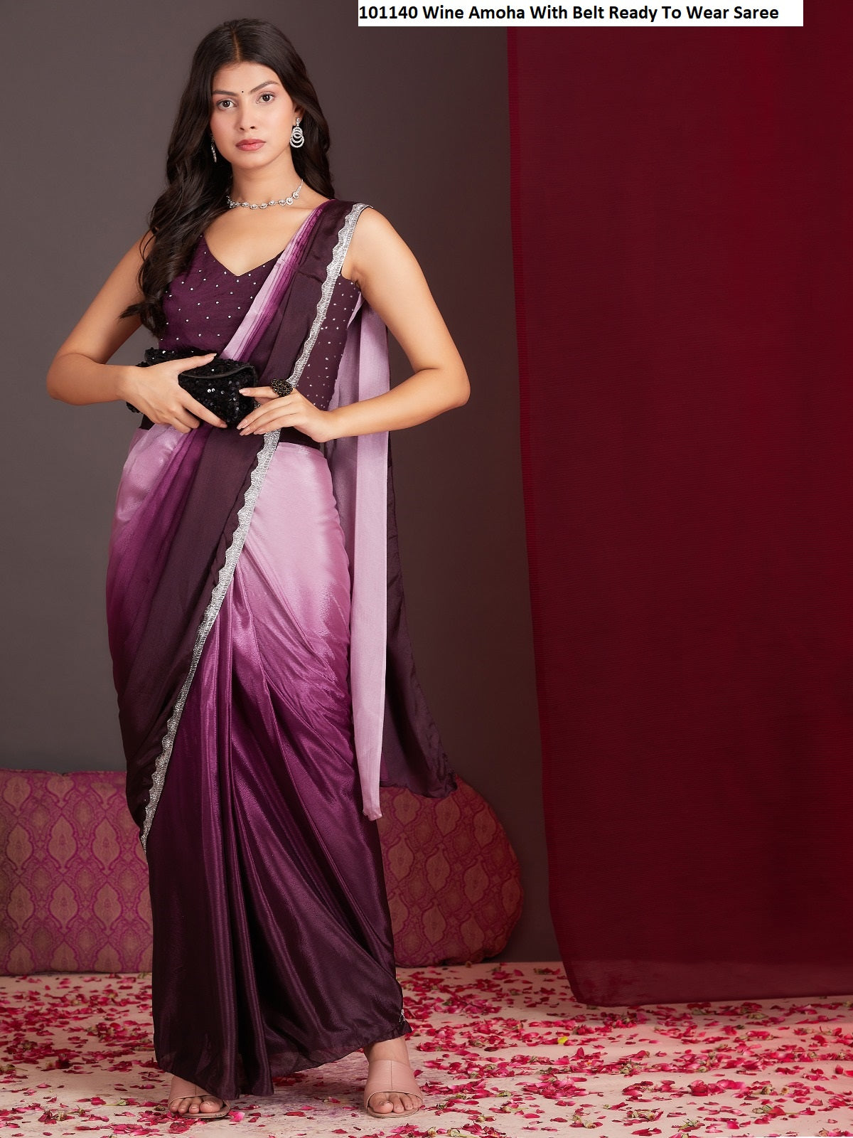 101140 Wine Amoha With Belt Ready To Wear Saree