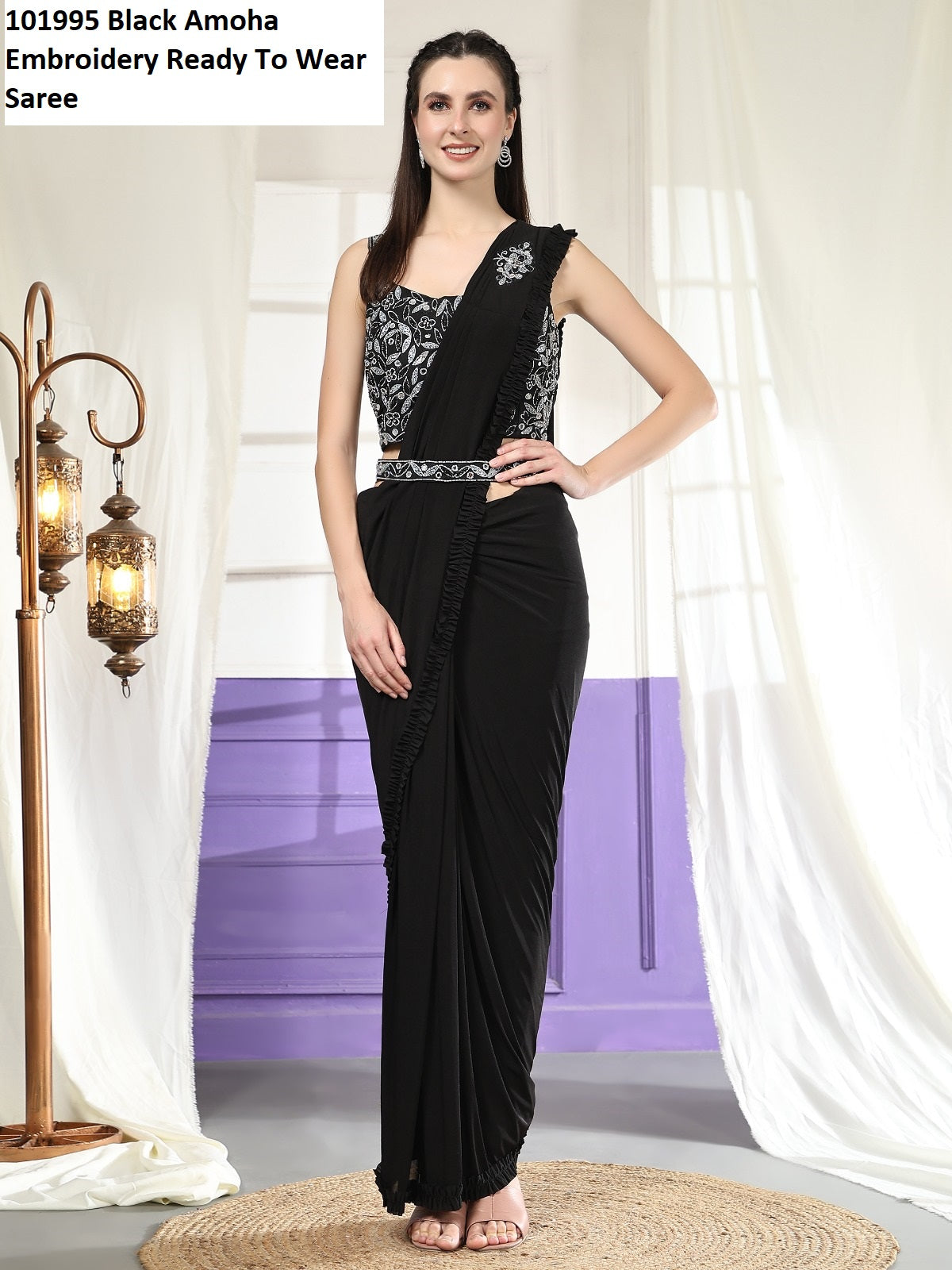 101995 Black Amoha Embroidery Ready To Wear Saree