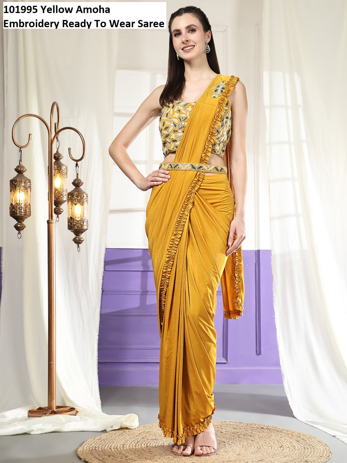 101995 Yellow Amoha Embroidery Ready To Wear Saree