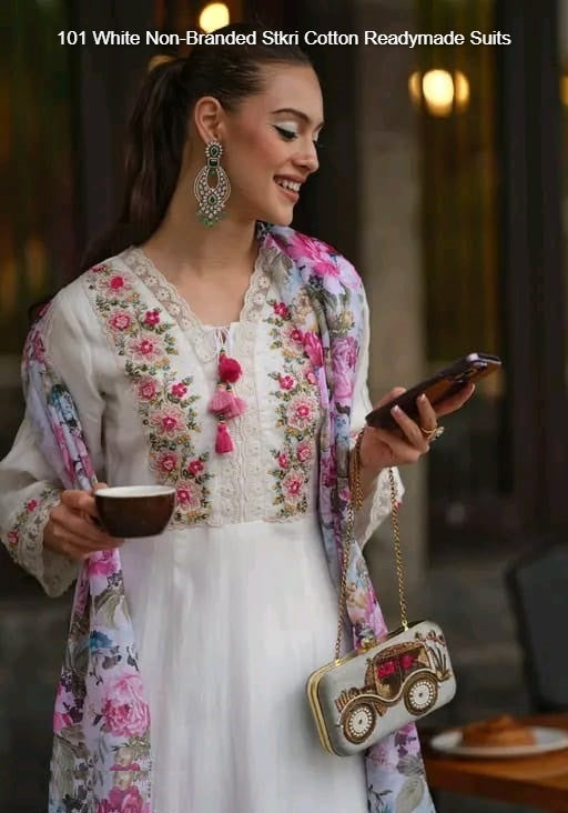 101 White Non-Branded Stkri Cotton Readymade Suits