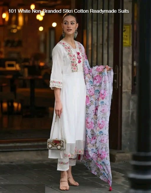 101 White Non-Branded Stkri Cotton Readymade Suits