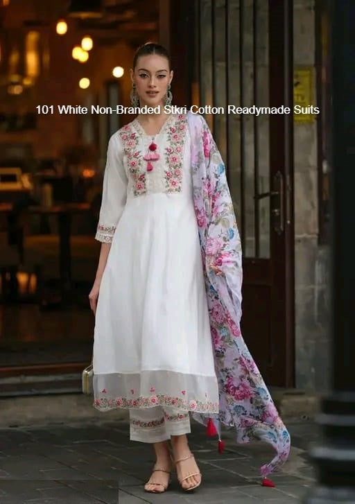 101 White Non-Branded Stkri Cotton Readymade Suits