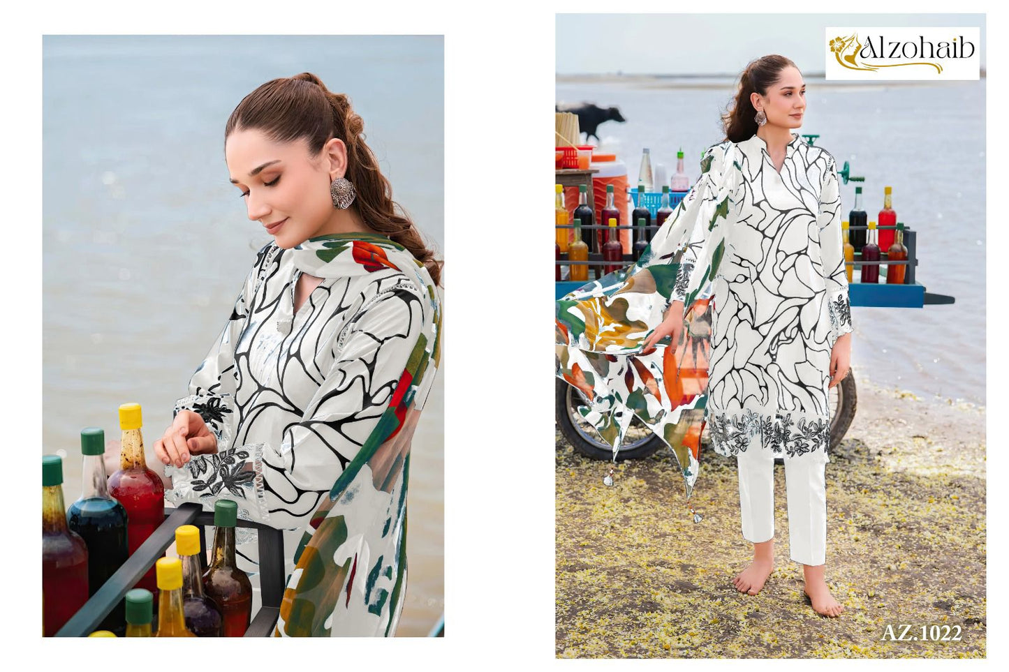 1022 White Al Zohaib Cotton Pakistani Patch Suits