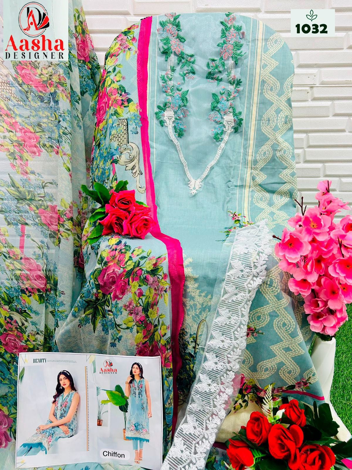1032 Sky Aasha Designer Embroidery Pakistani Patch Suits