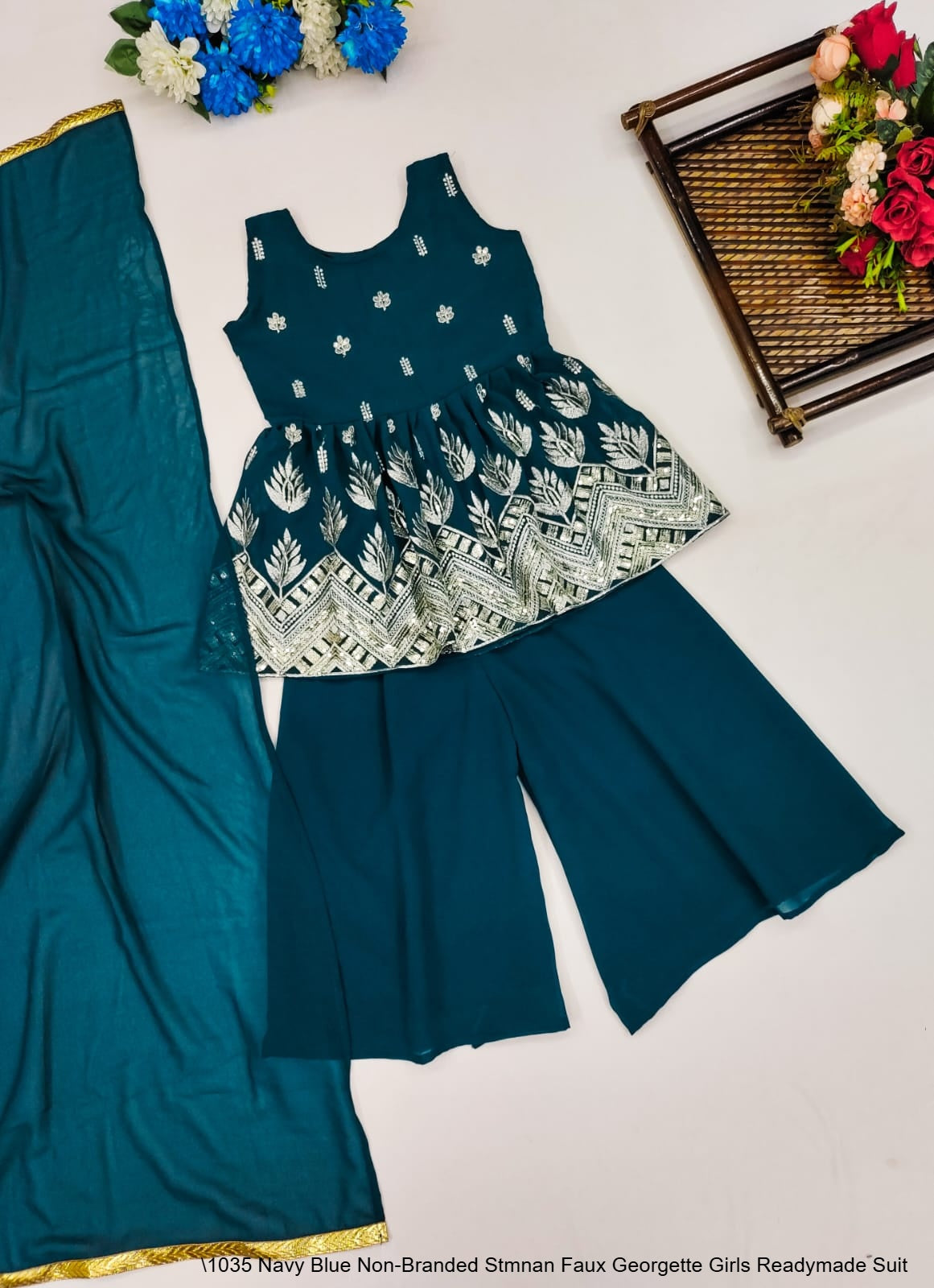 1035 Navy Blue Non-Branded Stmnan Faux Georgette Girls Readymade Suit