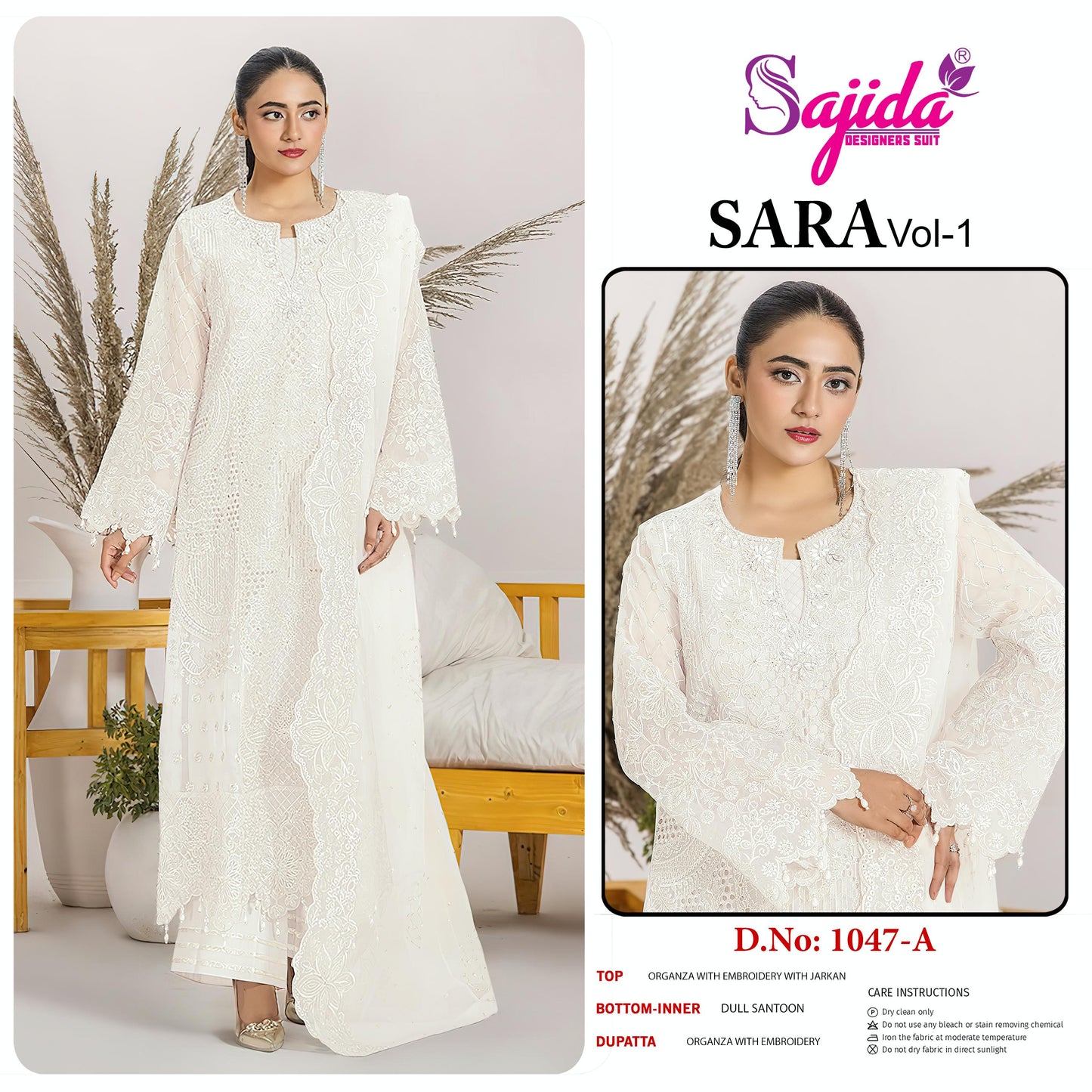 1047 A Sara Vol 1 Sajida Organza Pakistani Salwar Suits
