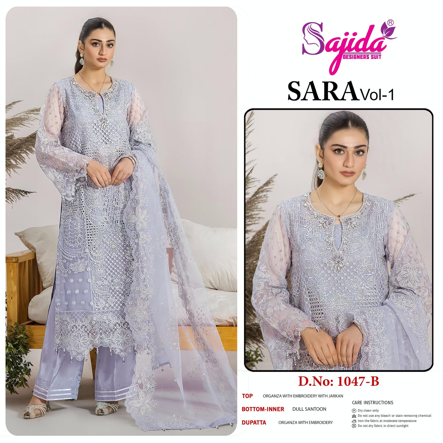 1047 B Sara Vol 1 Sajida Organza Pakistani Salwar Suits