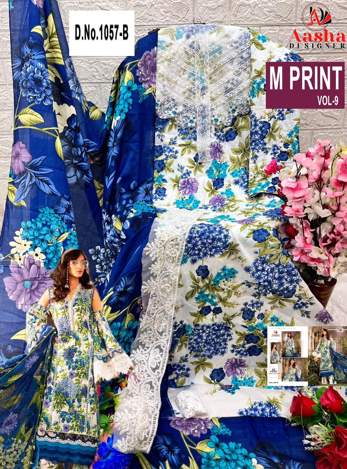 1057-B M Prints Vol-9 Aasha Designer Embroidery Pakistani Patch Suits
