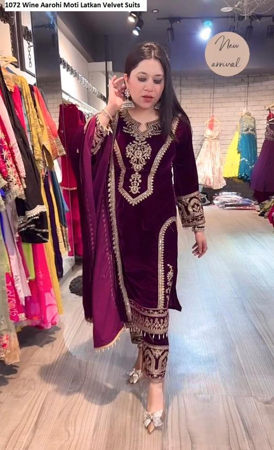 1072 Wine Aarohi Moti Latkan Velvet Suits