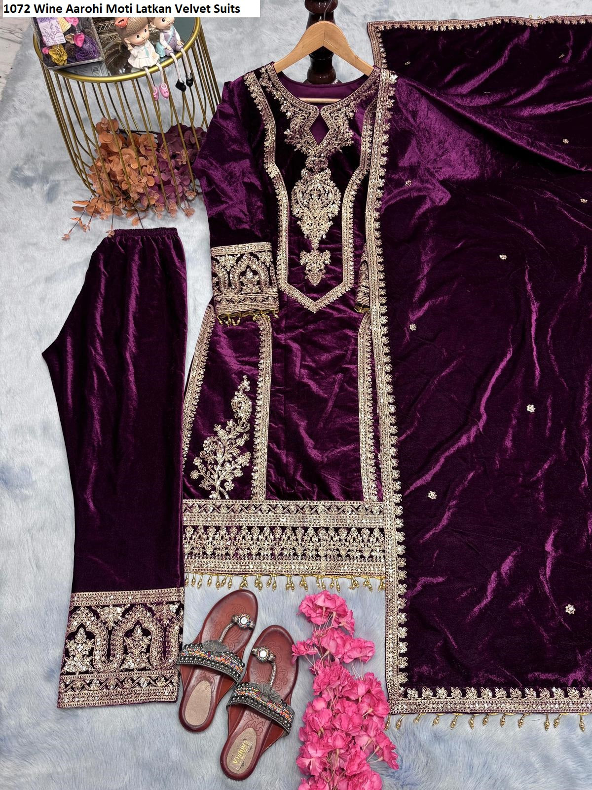 1072 Wine Aarohi Moti Latkan Velvet Suits