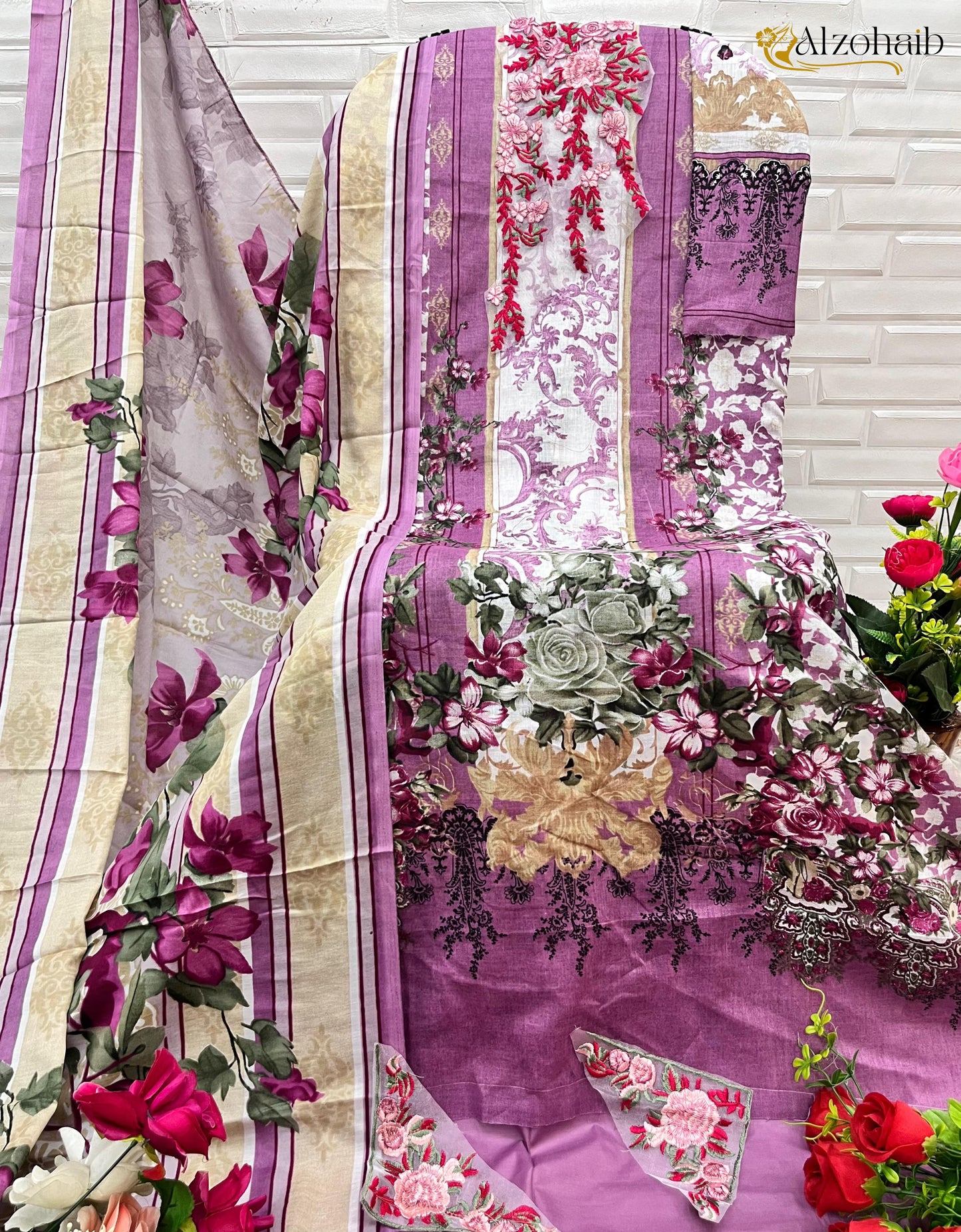 1090 Al Zohaib Semi Lawn Pakistani Patch Suits