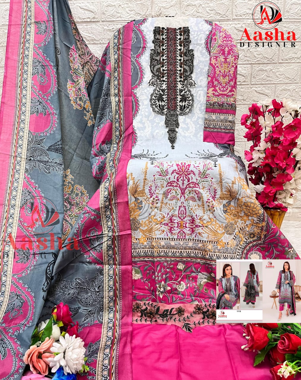 1113 Aasha Designer Pure Cotton Pakistani Patch Suits