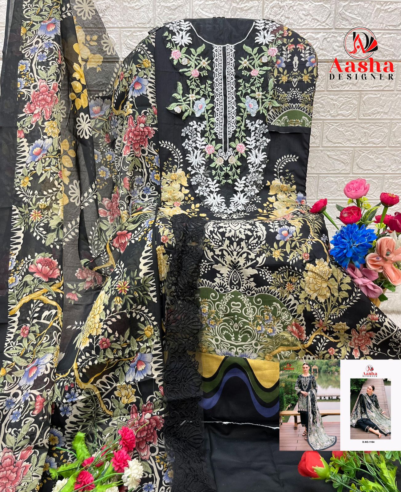 1164 Black Aasha Designer Embroidery Pakistani Patch Suits