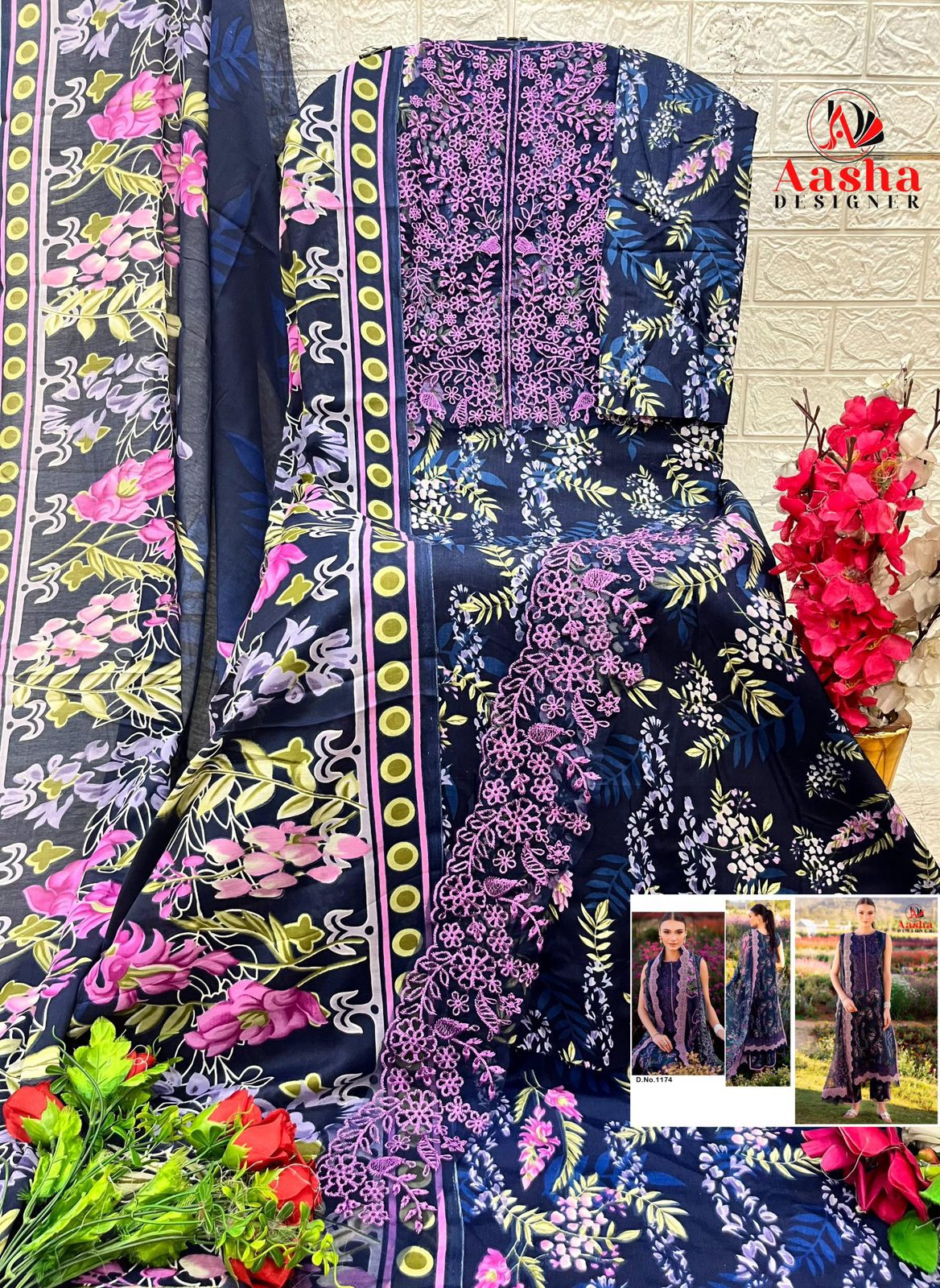 1174 Purple Aasha Designer Embroidery Pakistani Patch Suits