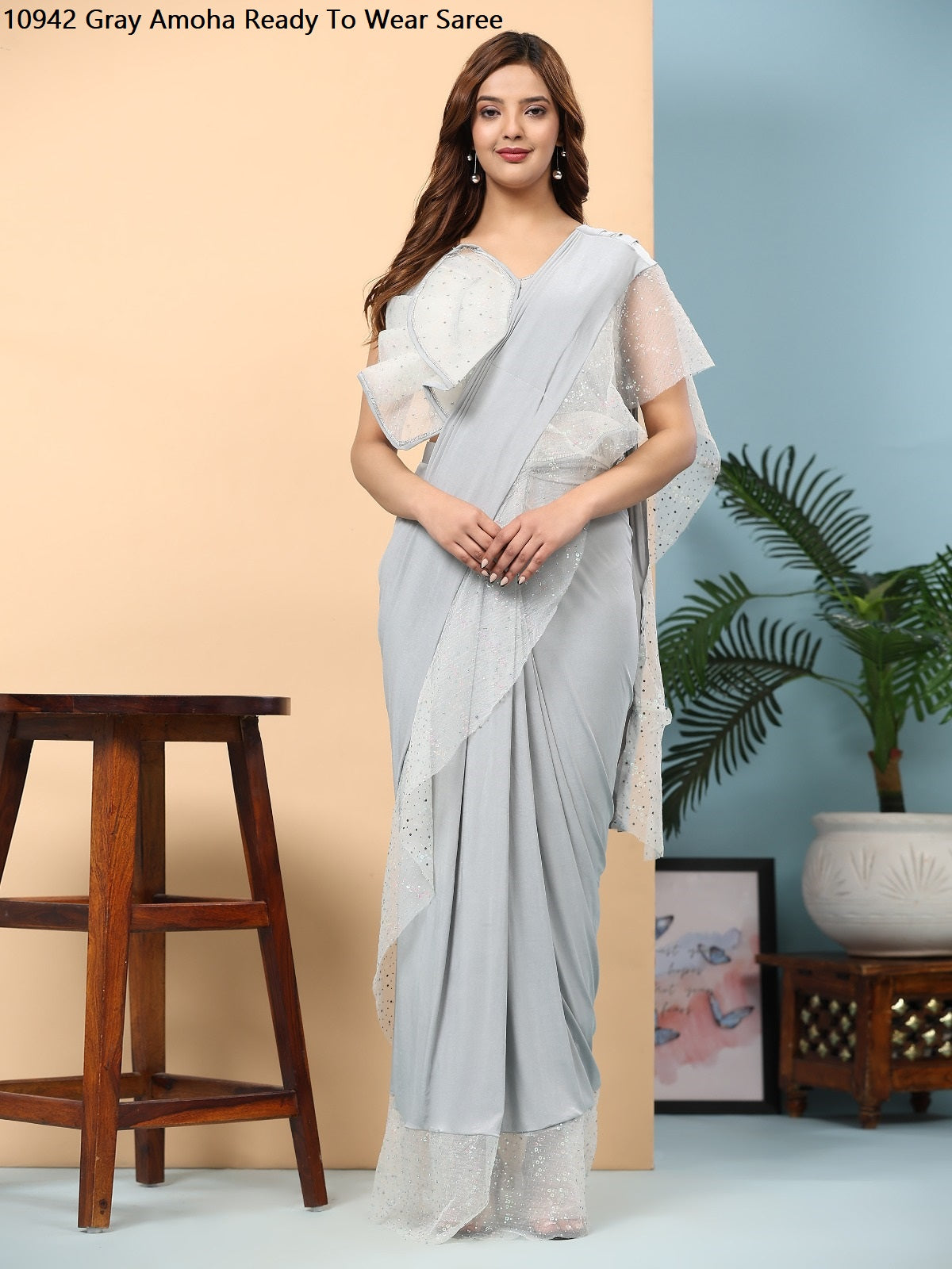 10942 Gray Amoha Ready To Wear Saree