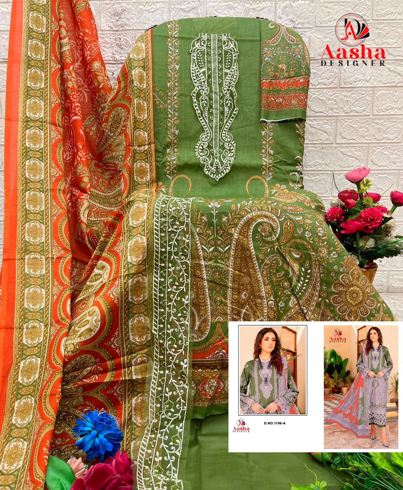 1196-A Aasha Designer Pure Cotton Pakistani Patch Suits