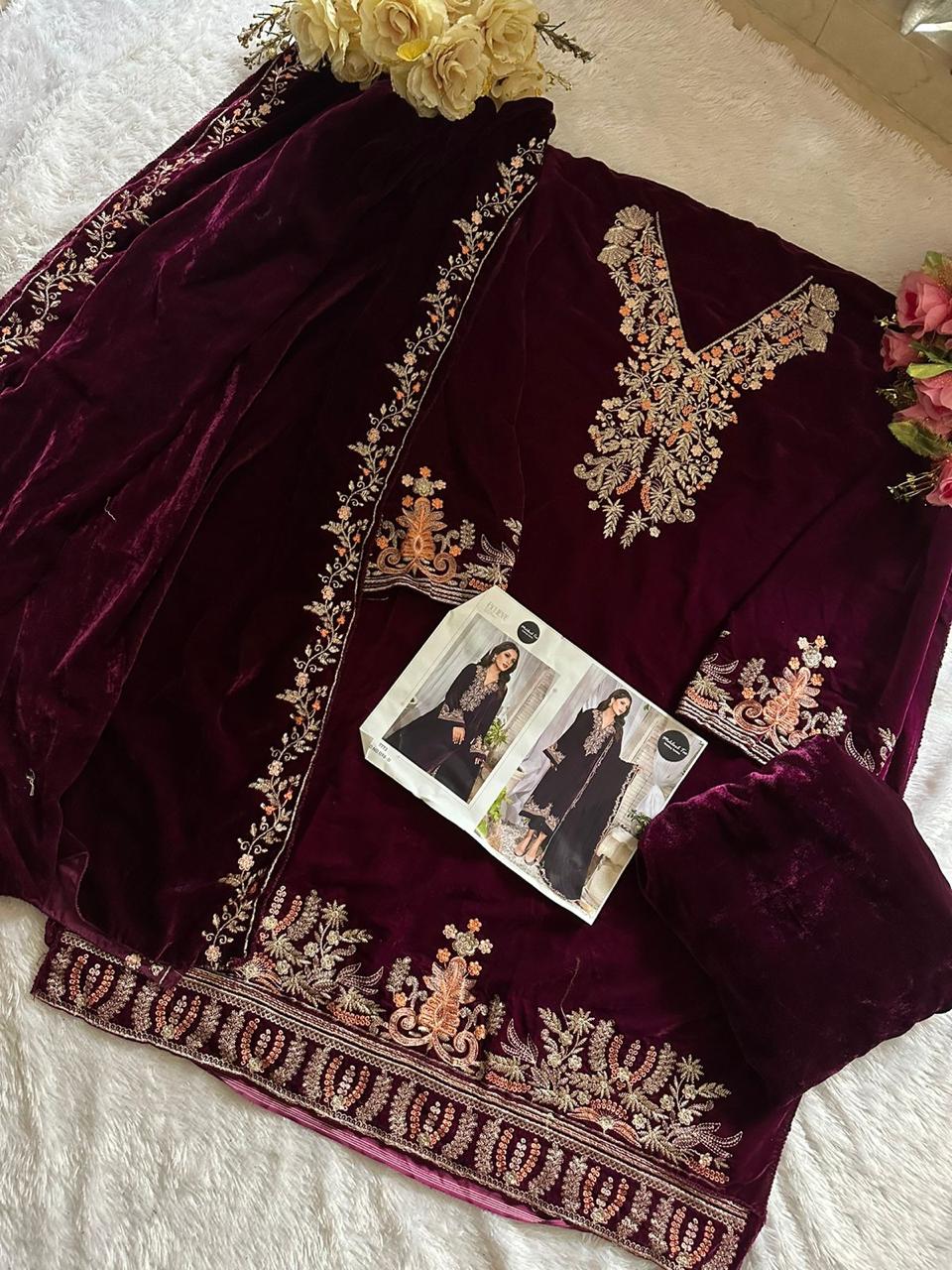1198D Mehboob Tex Embroidery Work Velvet Suits