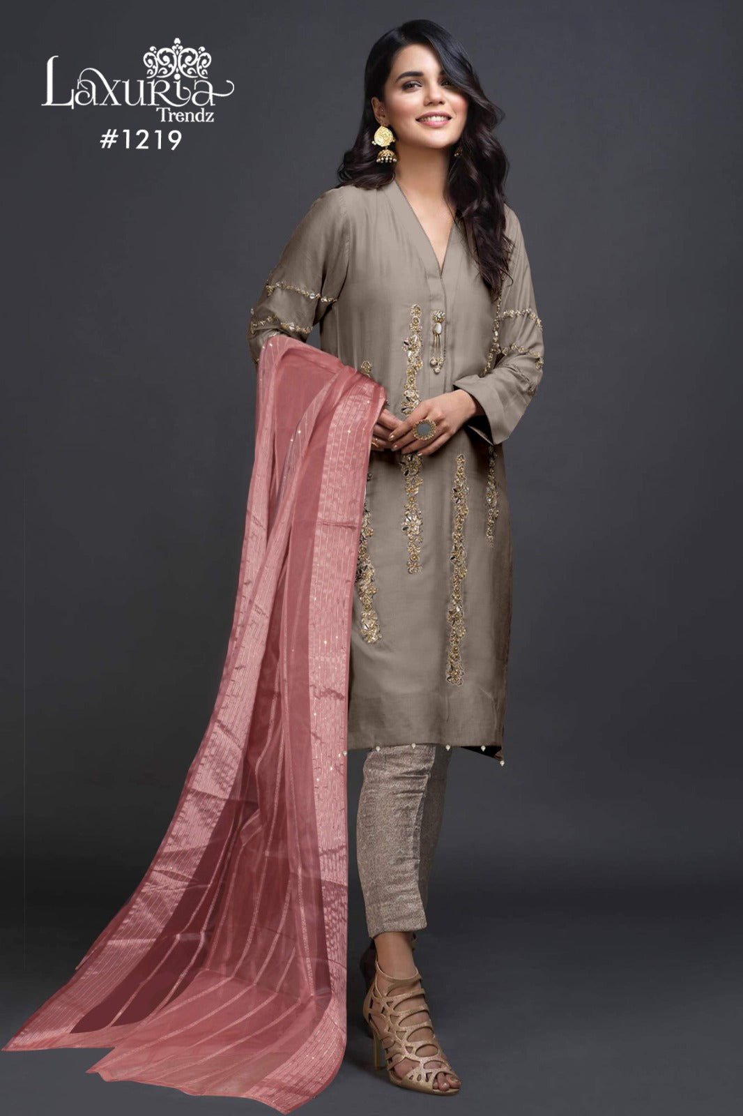 1219 Grey Laxuria Trendz Imported Satin Pakistani Readymade Suits