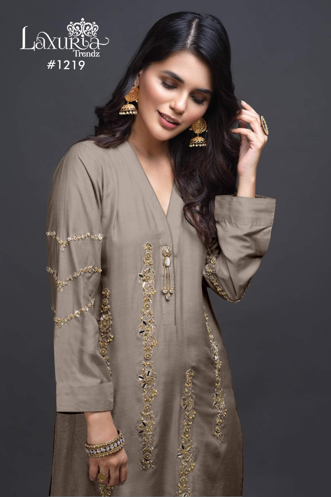 1219 Grey Laxuria Trendz Imported Satin Pakistani Readymade Suits