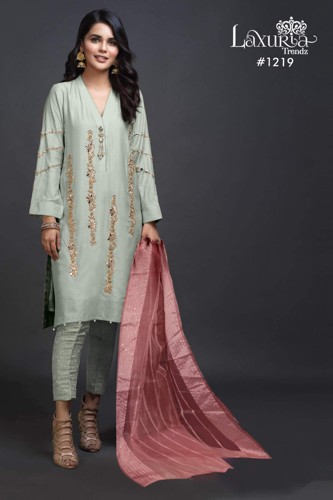 1219 Mint Green Laxuria Trendz Imported Satin Pakistani Readymade Suits