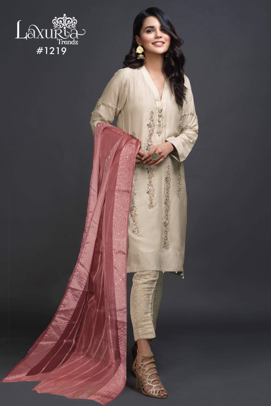1219 Off White Laxuria Trendz Imported Satin Pakistani Readymade Suits