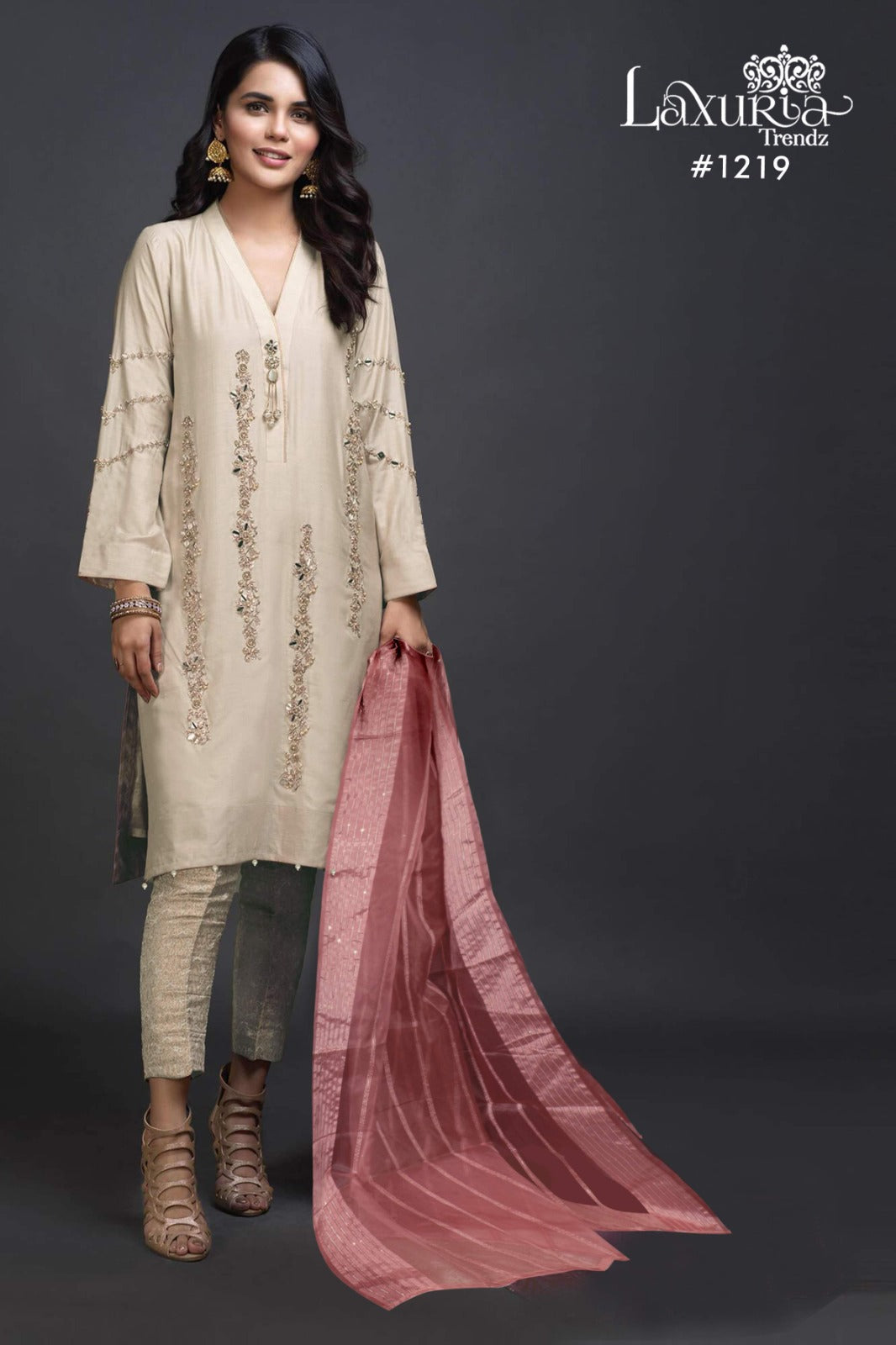 1219 Off White Laxuria Trendz Imported Satin Pakistani Readymade Suits