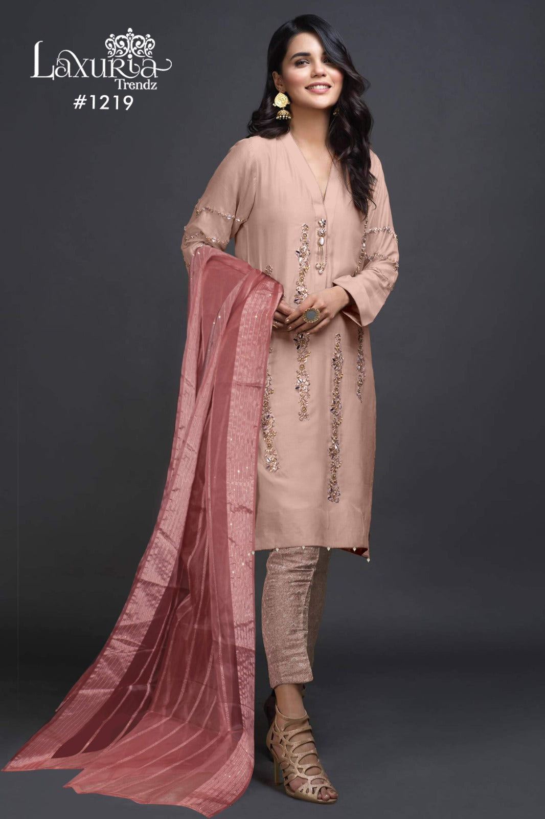 1219 Peach Laxuria Trendz Imported Satin Pakistani Readymade Suits
