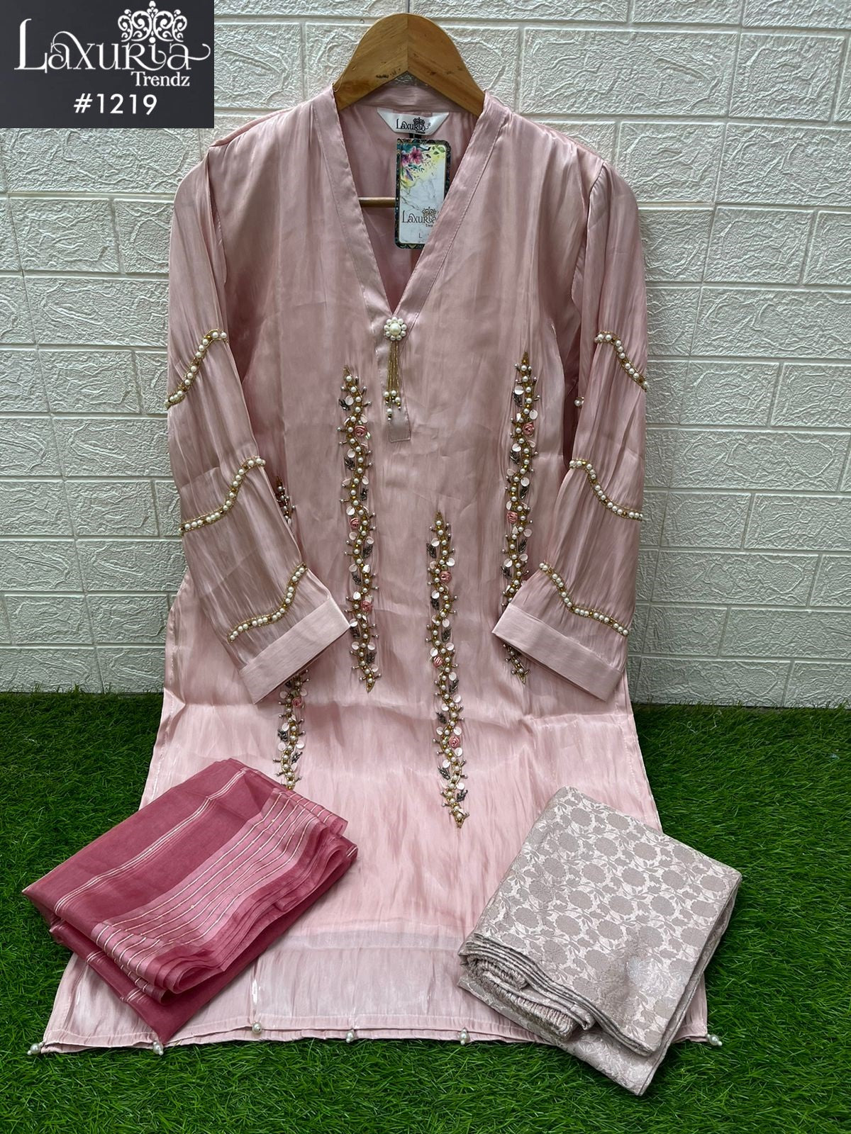 1219 Peach Laxuria Trendz Imported Satin Pakistani Readymade Suits