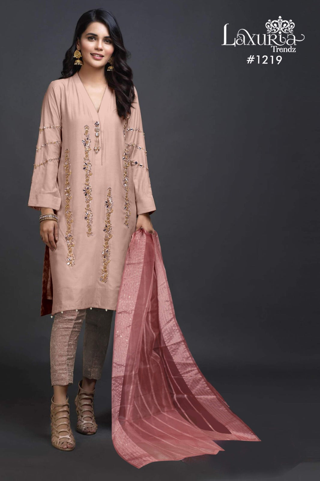 1219 Peach Laxuria Trendz Imported Satin Pakistani Readymade Suits