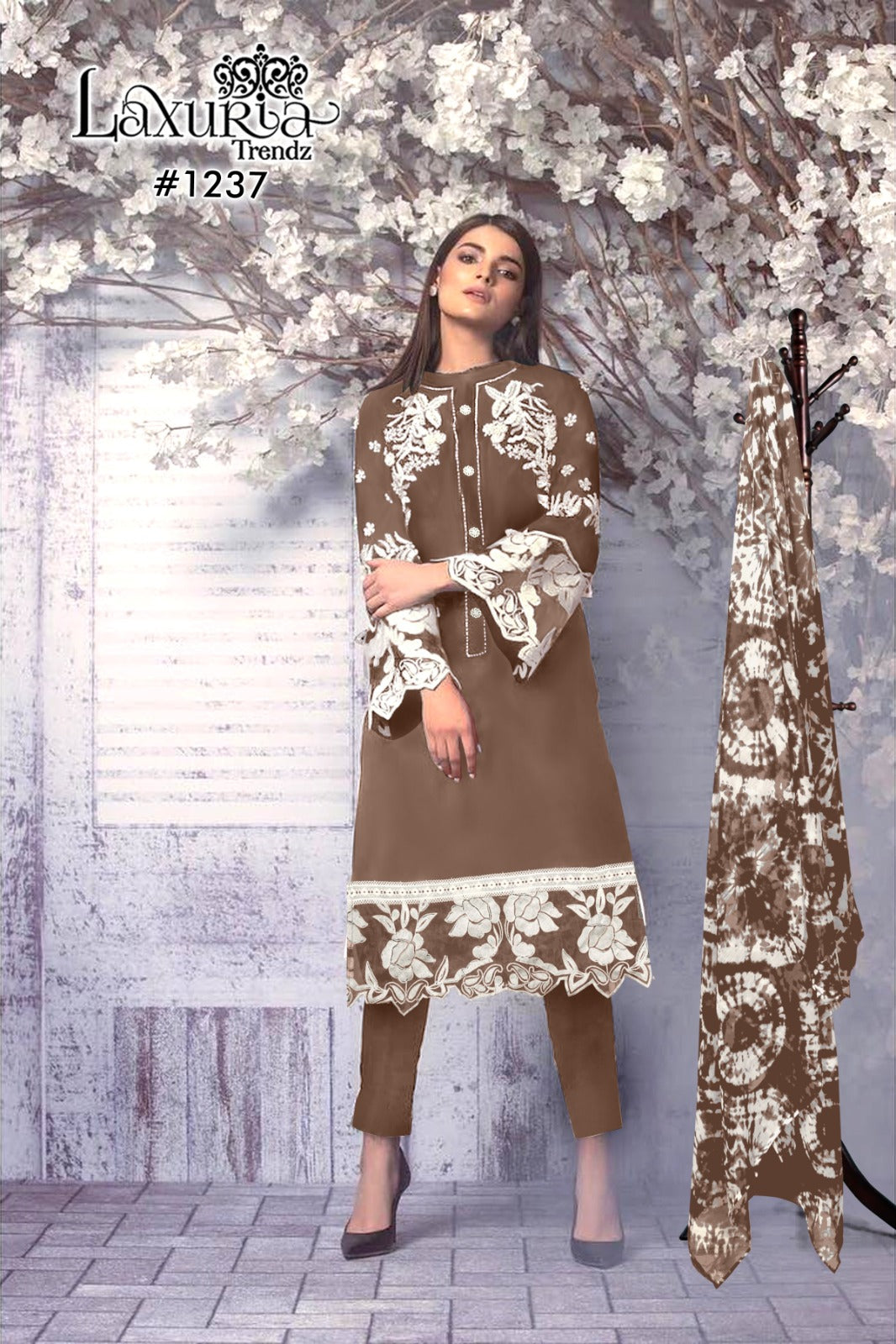 1237 Coffee Laxuria Trendz Neck Work Pakistani Readymade Suits