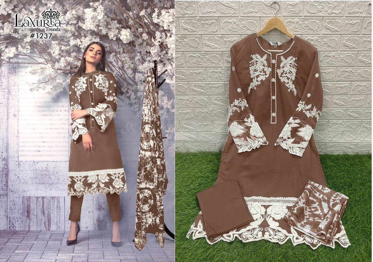 1237 Coffee Laxuria Trendz Neck Work Pakistani Readymade Suits