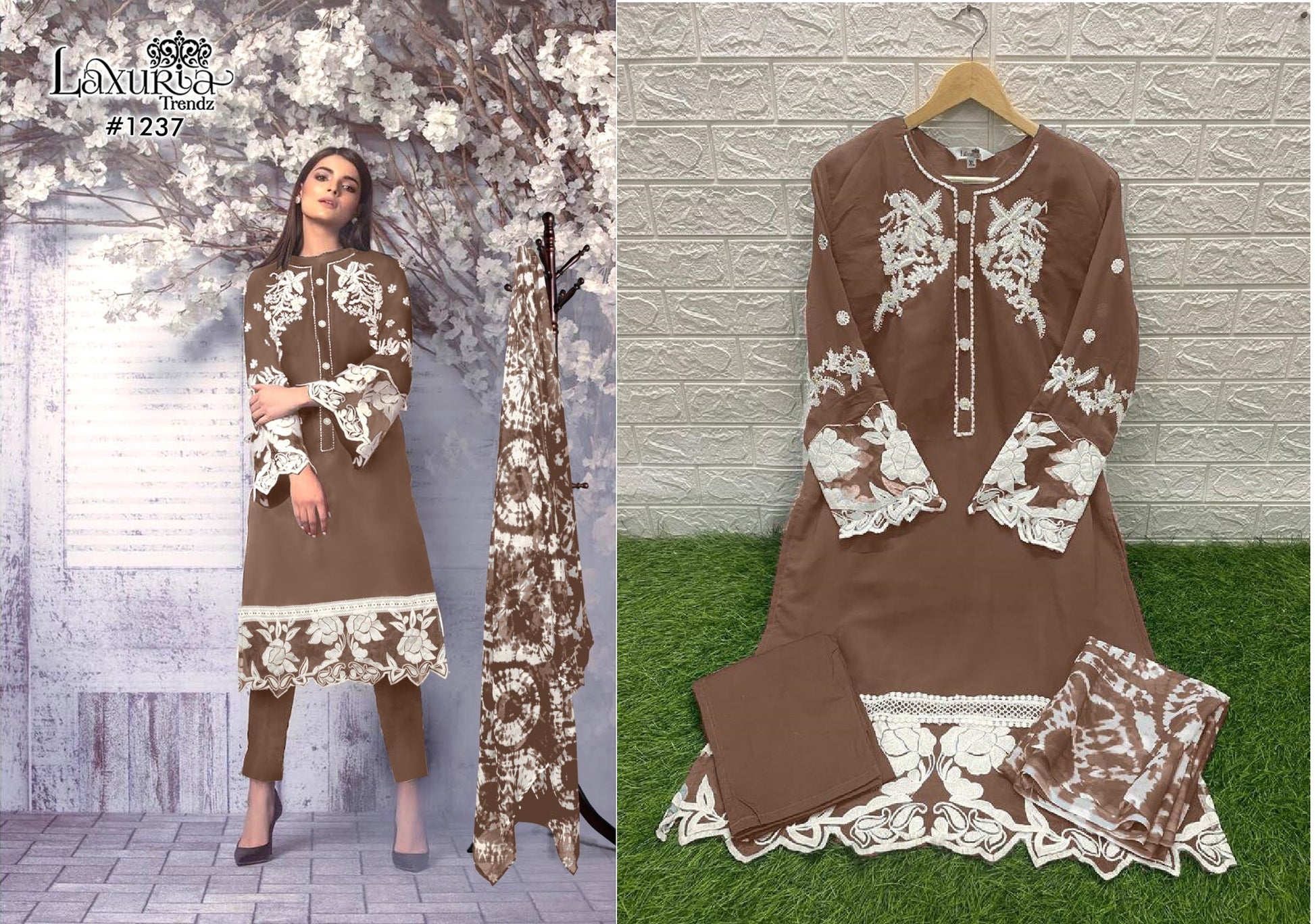 1237 Coffee Laxuria Trendz Neck Work Pakistani Readymade Suits