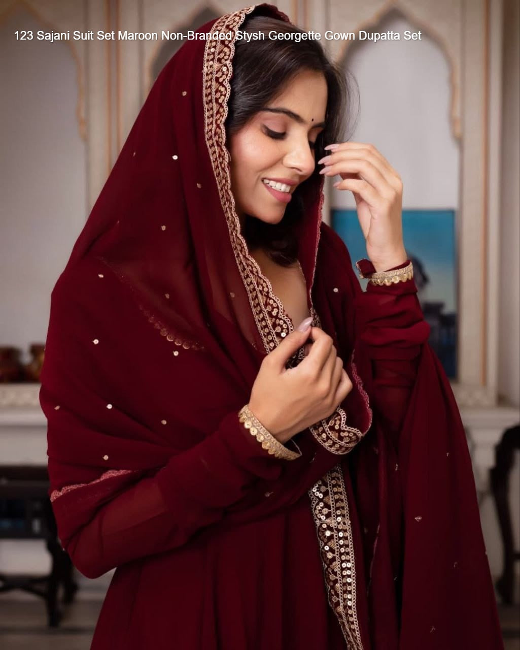 123 Sajani Suit Set Maroon Non-Branded Stysh Georgette Gown Dupatta Set