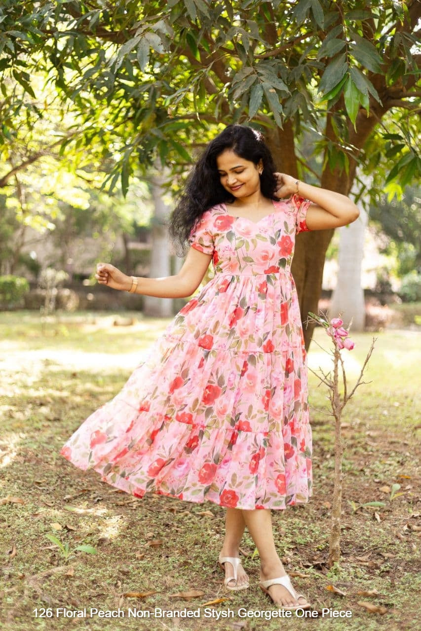 126 Floral Peach Non-Branded Stysh Georgette One Piece