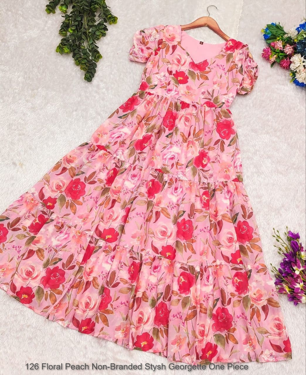 126 Floral Peach Non-Branded Stysh Georgette One Piece
