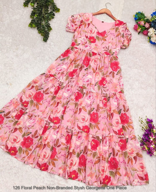 126 Floral Peach Non-Branded Stysh Georgette One Piece