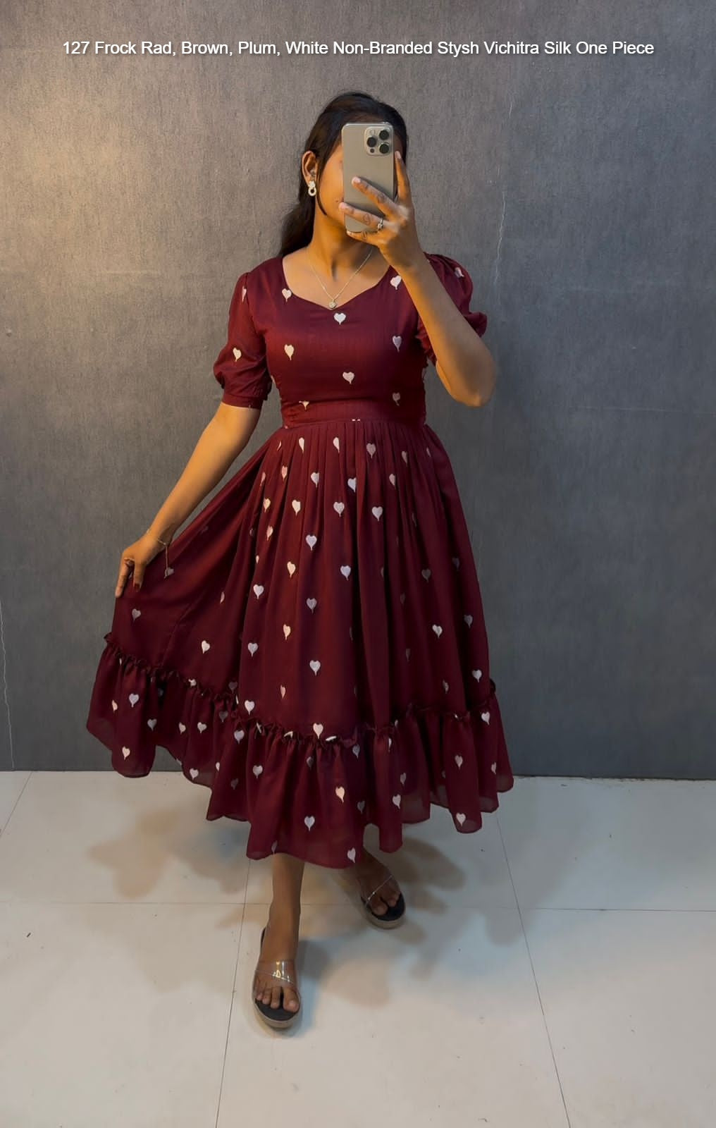 127 Frock Rad, Brown, Plum, White Non-Branded Stysh Vichitra Silk One Piece