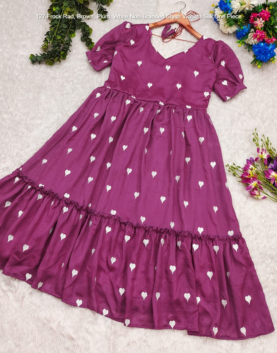 127 Frock Rad, Brown, Plum, White Non-Branded Stysh Vichitra Silk One Piece