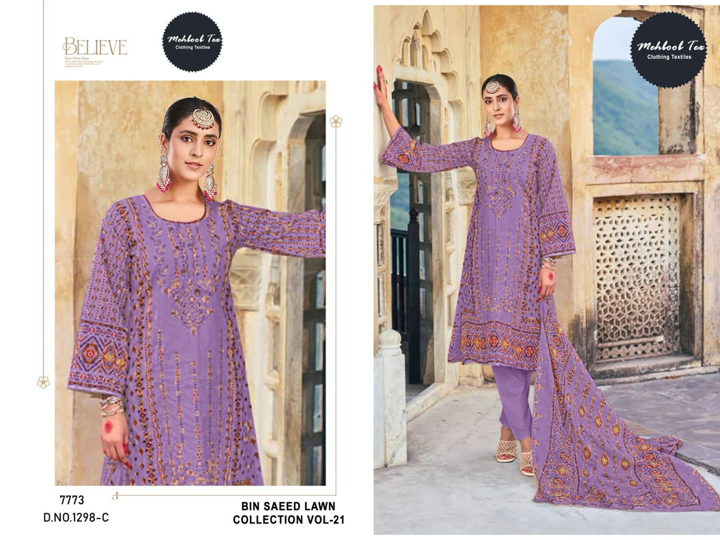1298C Bin Saeed Lawn Collection Vol 21 Mehboob Tex Embroidery Pakistani Salwar Suits